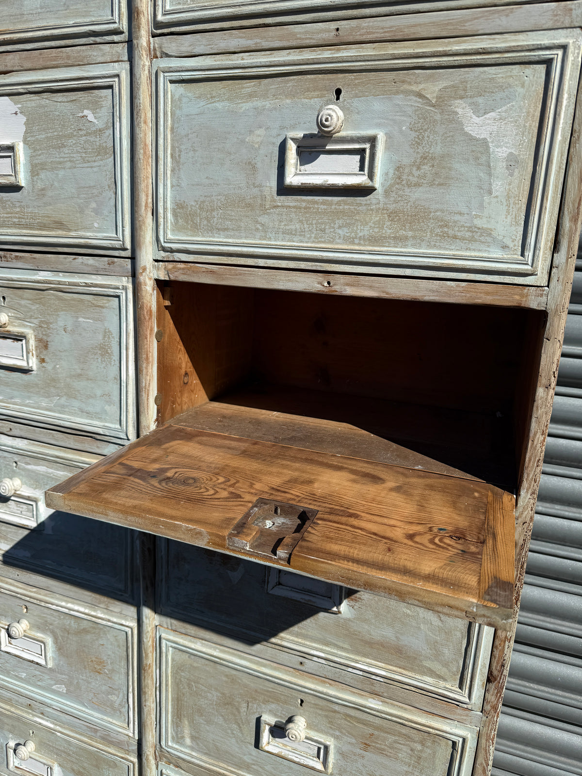 Antique French Painted Bank of 14 Drop-Front Pigeonholes – Haberdashery / Filing Cabinet