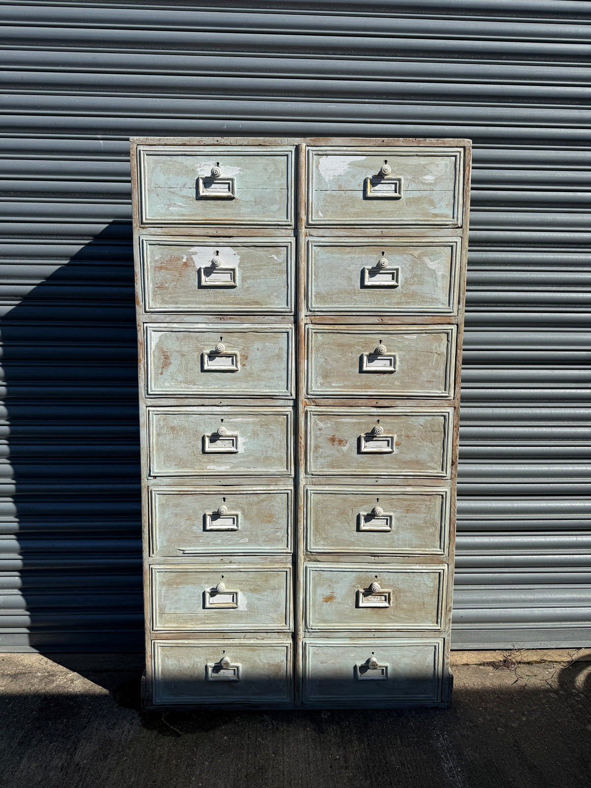 Antique French Painted Bank of 14 Drop-Front Pigeonholes – Haberdashery / Filing Cabinet