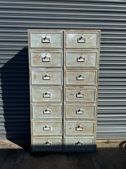Antique French Painted Bank of 14 Drop-Front Pigeonholes – Haberdashery / Filing Cabinet