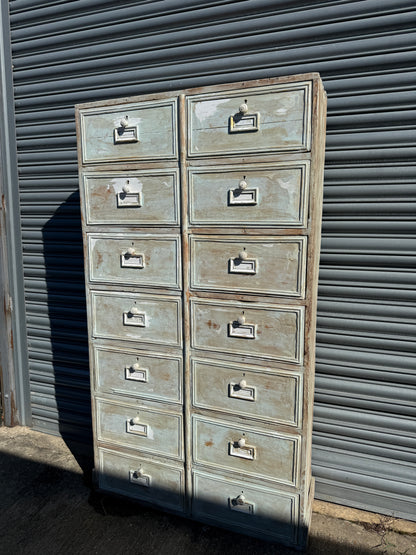 Antique French Painted Bank of 14 Drop-Front Pigeonholes – Haberdashery / Filing Cabinet